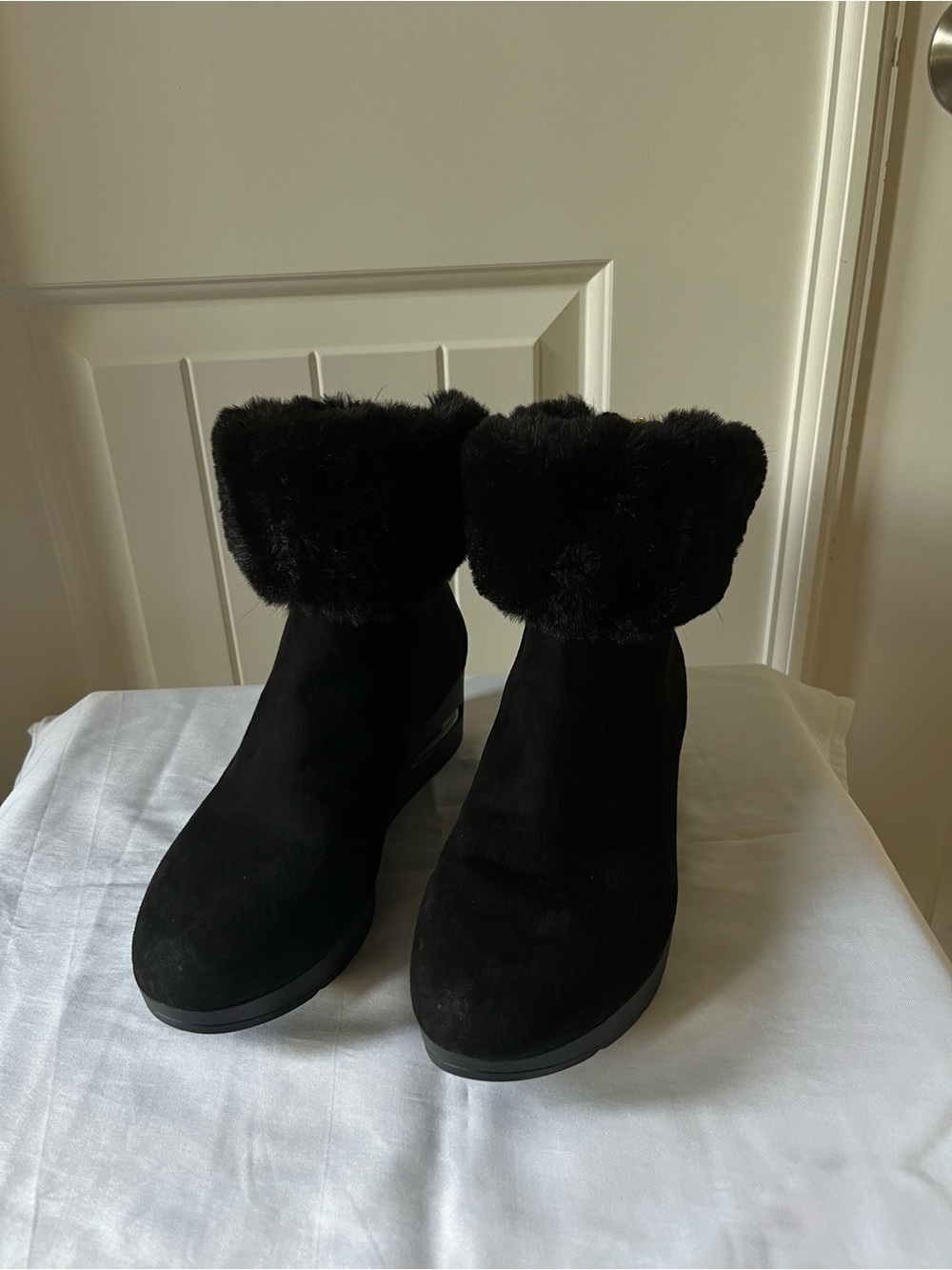 DKNY Black Faux Fur Cuff Ankle Heeled Boots